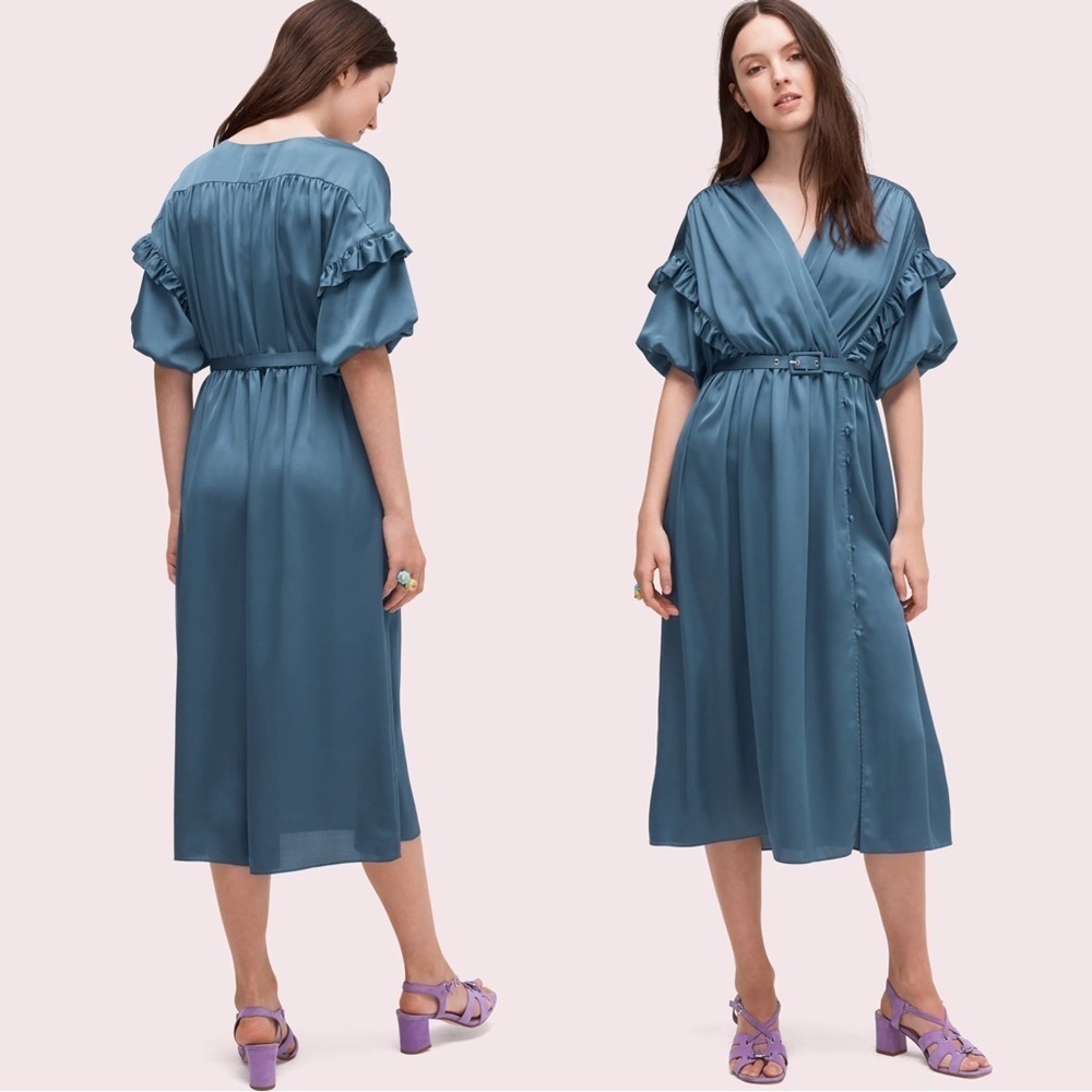 Kate Spade • Belted Satin Midi Dress ruffle trim short sleeve Antique Blue - Picture 16 of 16